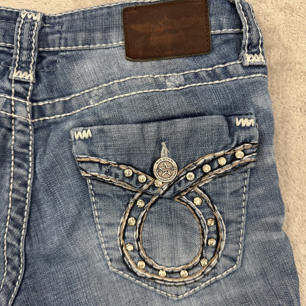 Big Star Liv Capri Jeans Women 28R Blue Medium Wash Embroidered Stretch Denim - Picture 6 of 16